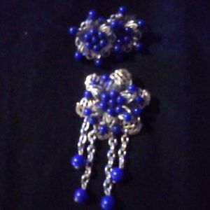 Gold and Blue flower earrings and brooch